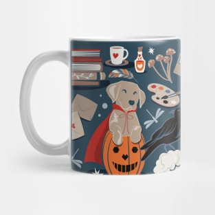 Labracadabrador halloween magic puppies // spot // nile blue background poppy red details black and yellow Labrador Retriever dogs Mug